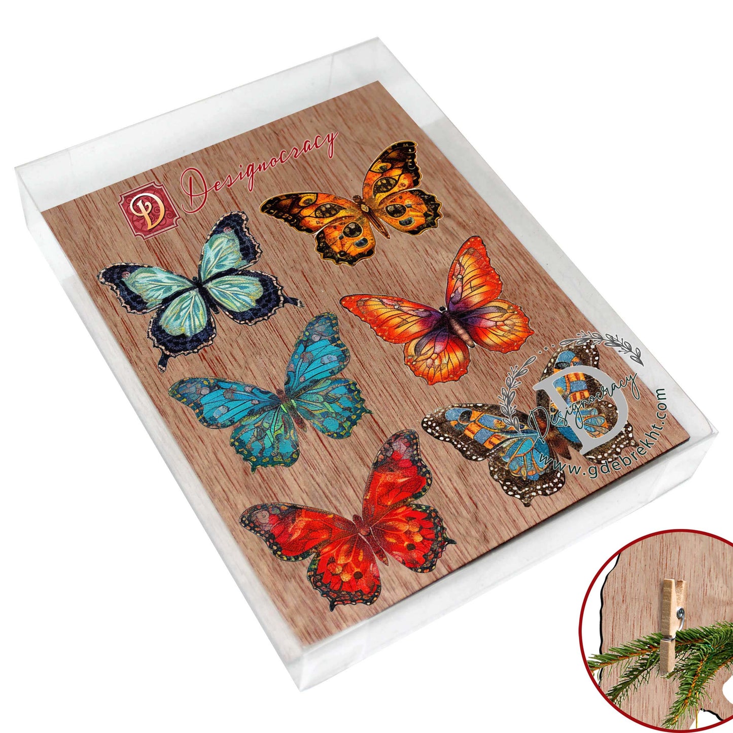 Summer Butterfly Clip-On Eco Wood Decorative Ornaments Set of 6 by G. Debrekht - Christmas Decor - 8090012-2C-S6