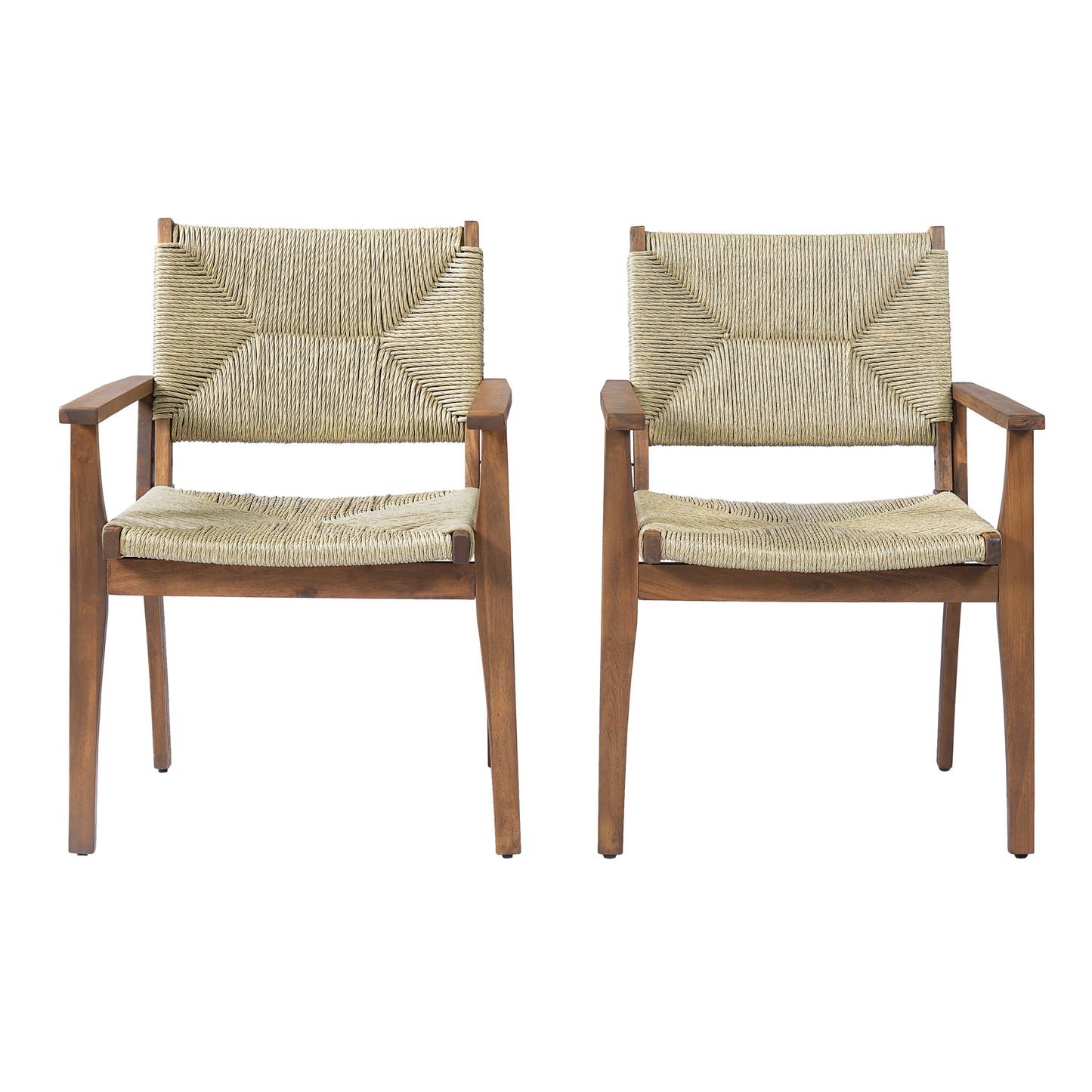 5-Piece Outdoor Dining Set: Teak Finish Round Acacia Wood Table & 4 Wicker Armchairs