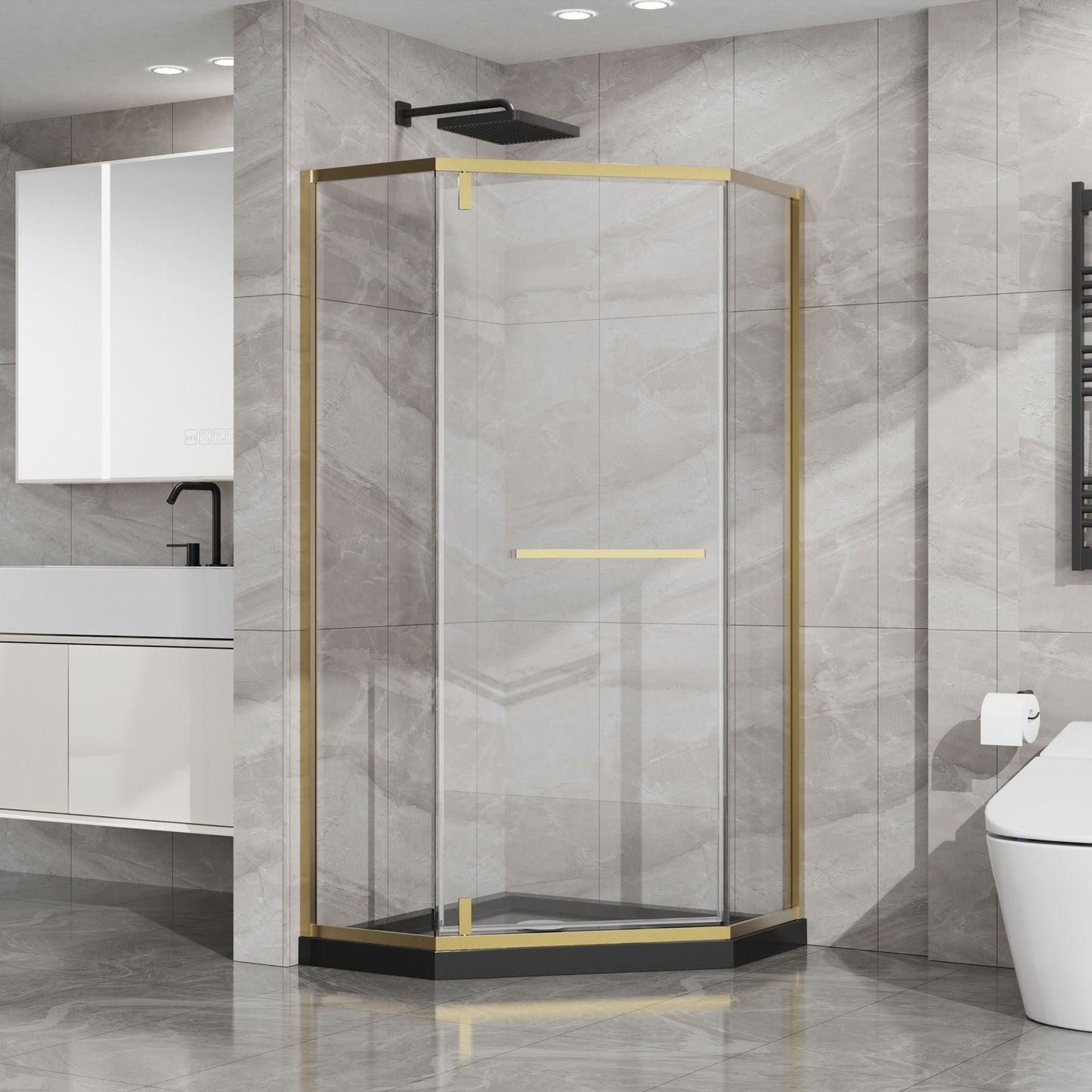 Goodyo - Neo-Angle Frameless Shower Door Corner Enclosure With Acrylic Shower Base Combo, Pivot Shower Door