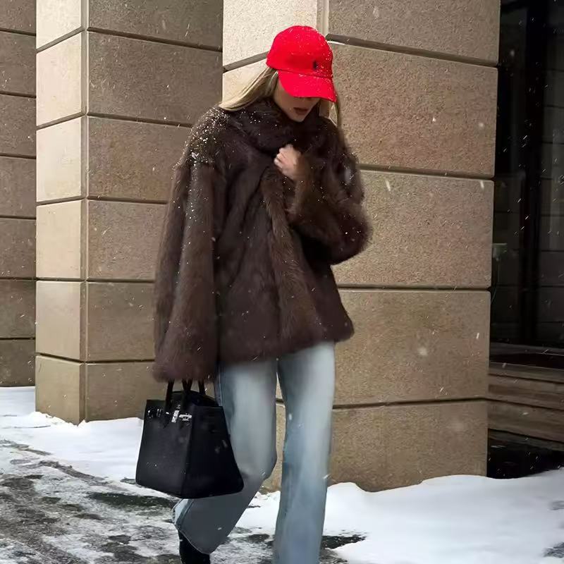 Mid Length Womens Faux Fox Fur Coat With A Blazer Style Collar