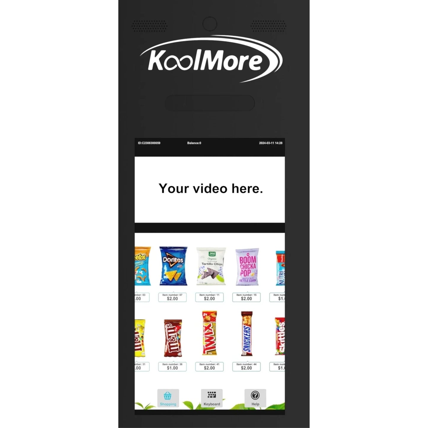Kool More 50 in. 60-Slot Snack Vending Machine with 22-inch Touch Screen in Black, Non-Refrigerated.