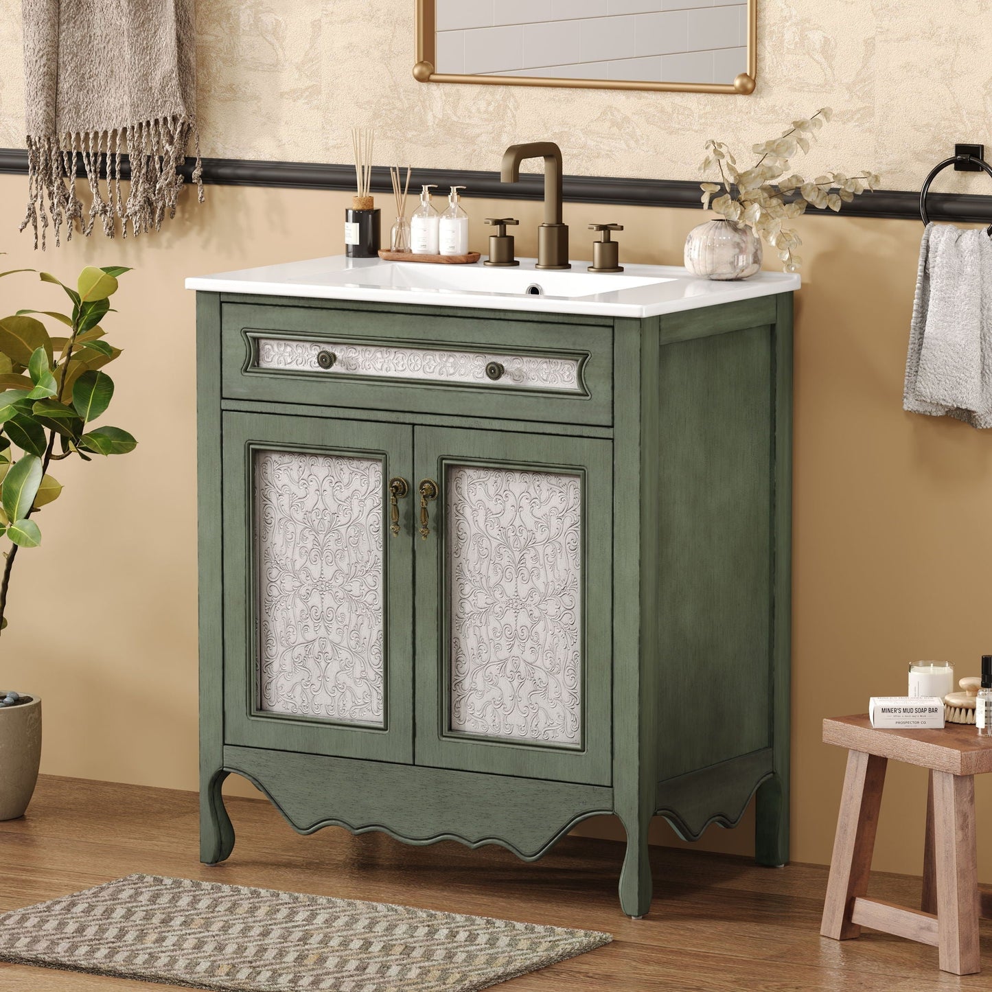 Bathroom Vanity With Rectangle Sink And Tip Out Tray - Antique Blue Green