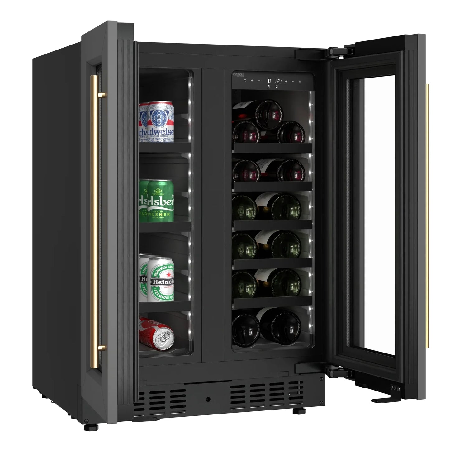 KoolMore Reserve 24 in. French Door Dual Zone Panel Ready Under-Counter Cooler and 20 Bottle Capacity in the Right Zone and 2.1 Cu. Ft. on the Left in Black
