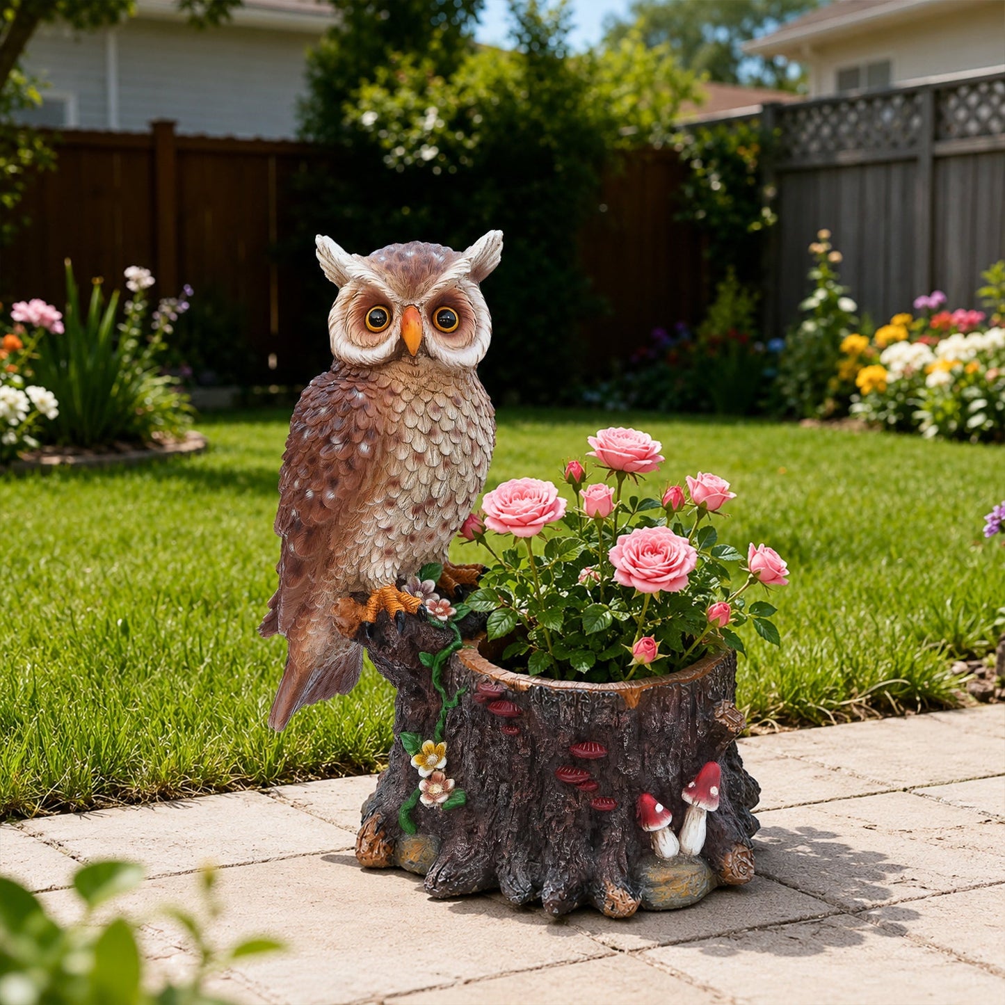 Sitting Owl with Tree Trunk Garden Planter
