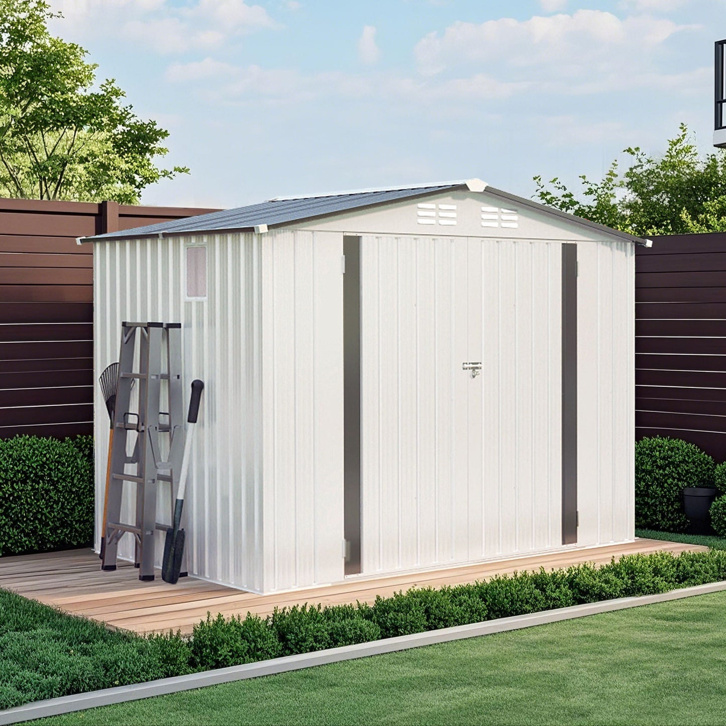 Outdoor Garden Storage Shed, Tool Shed With Pitched Roof Waterproof With 1 Window And 2 Lockable Door - White / Gray