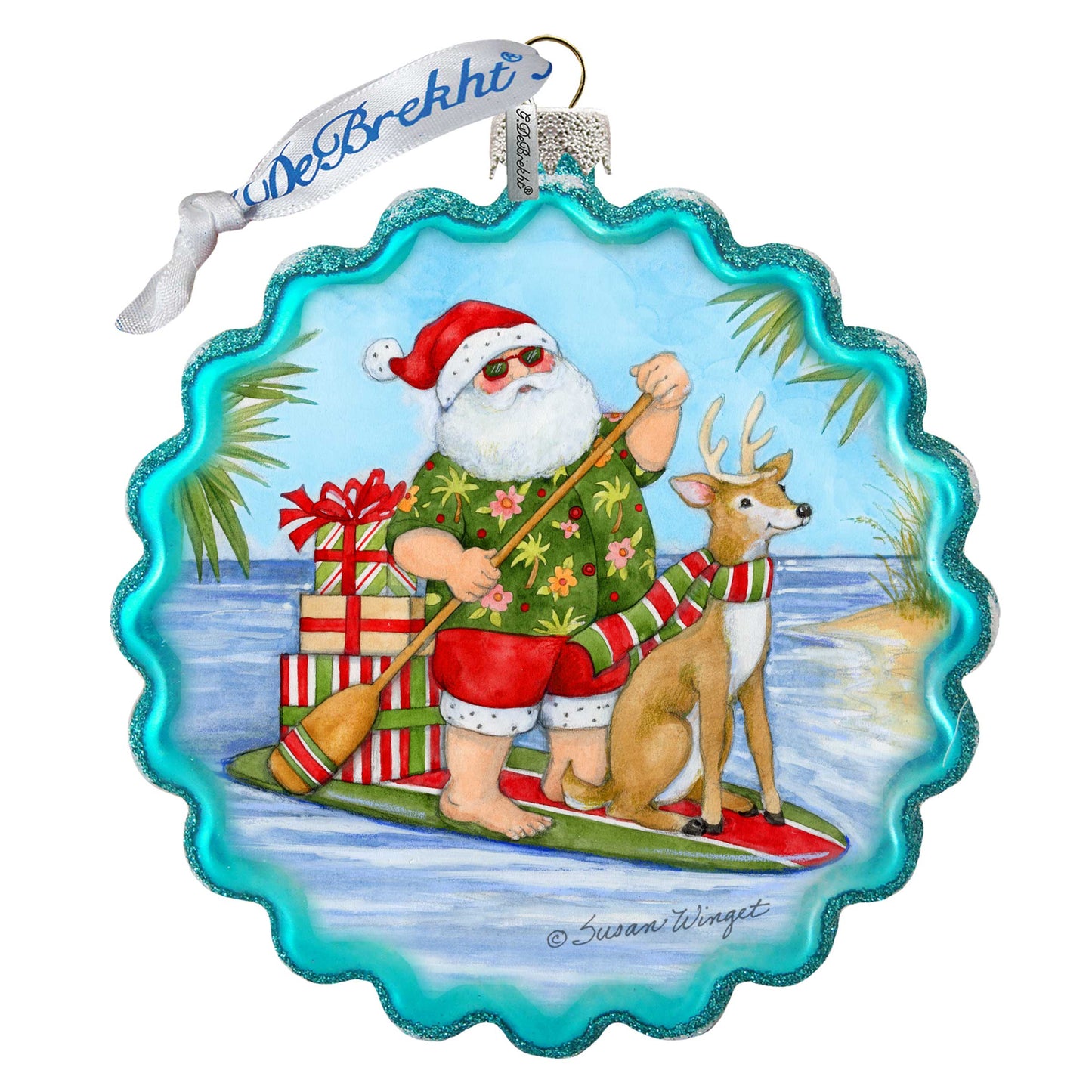 Christmas Decoration - Handblown Glass - Paddle Boarding Santa - Christmas Tree Ornament by Susan Winget - Handmade Gift - Wooden Ornament - 759-115-SW