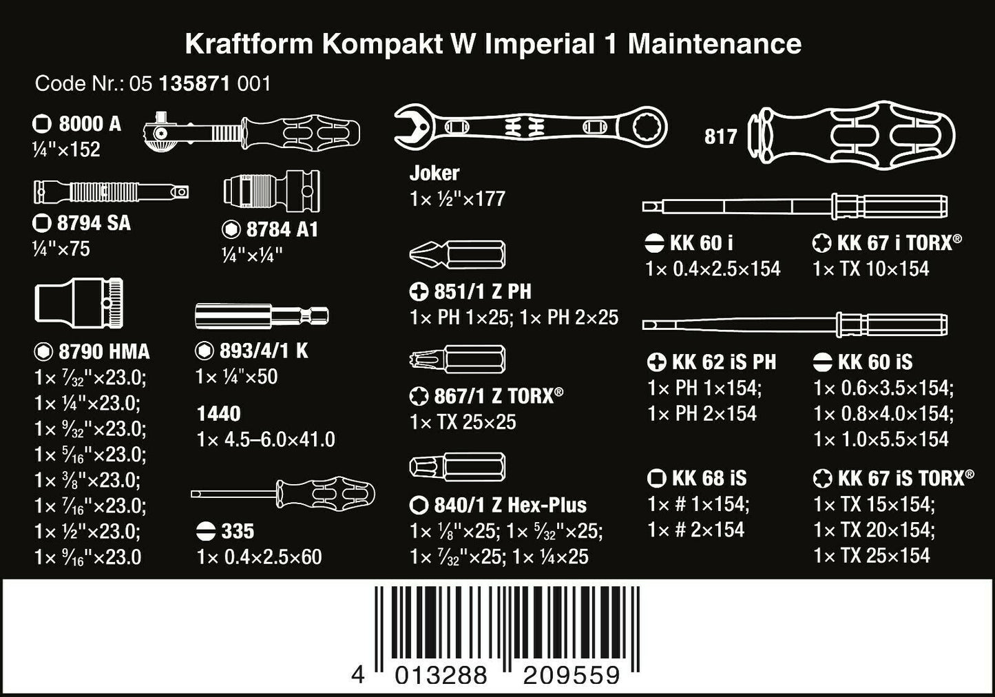 Wera Kraftform Kompakt Maintenance W1 USA Set SAE 35 Pieces 05135871001