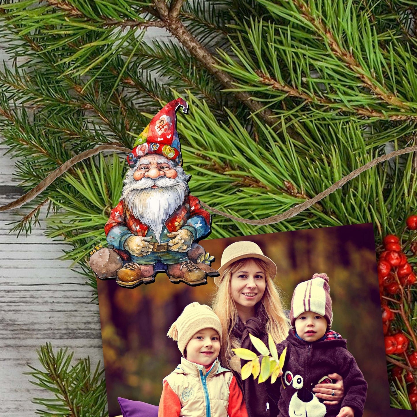 Christmas Gnomes Clip-On Eco Wood Decorative Ornaments Set by G. Debrekht - Christmas Decor - 8090031C-S6