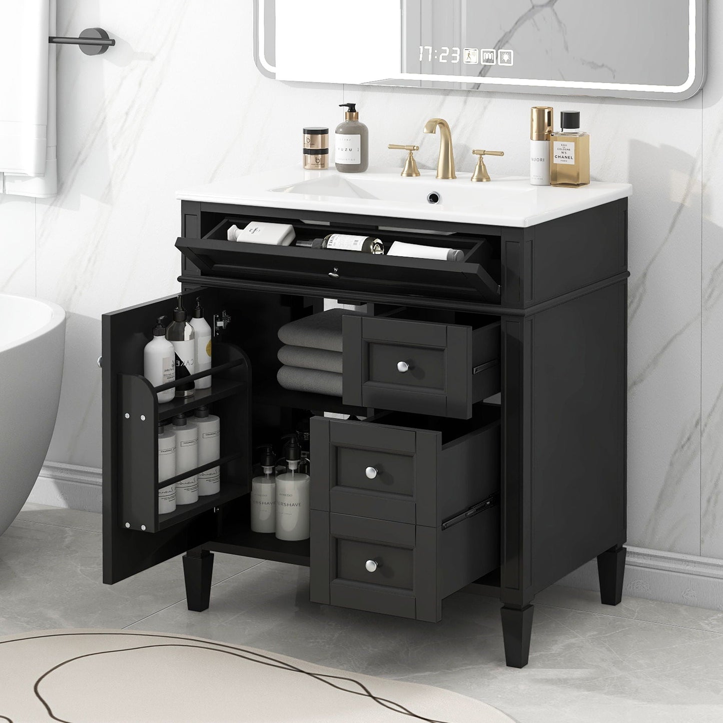 Bathroom Vanity With Top Sink, 2 Drawers & Tip Out Drawer