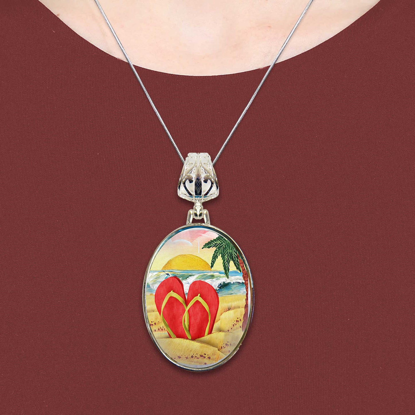 Flip Flops Silver-Plated Mother of Pearl Jewelry Pendant Necklace - 44055