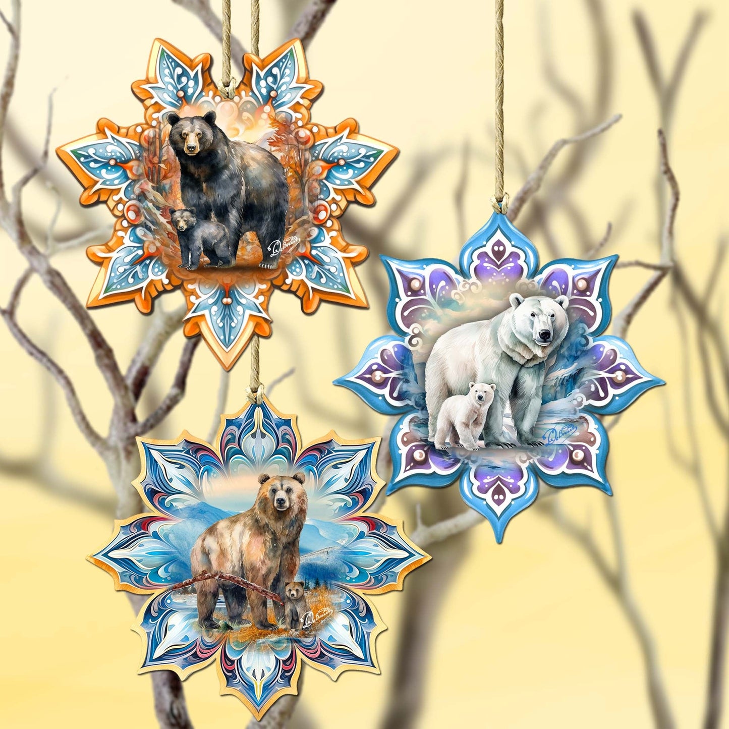 Bears Snowflake Eco Wood Ornaments Set of 3 by G. Debrekht - Nature Wildlife Decor - 8090143-S3