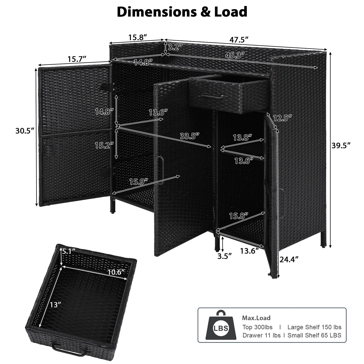 K&K 47.5"W Wicker Outdoor Storage Cabinet with Tempered Glass Top
