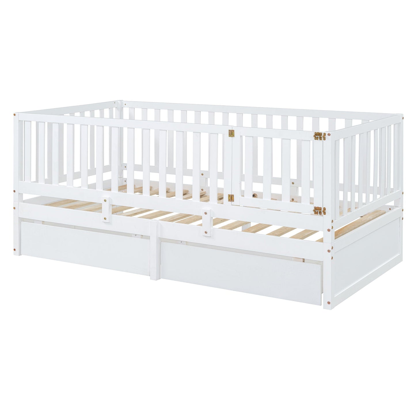 Daybed With Fence Guardrails And 2 Drawers, Split Into Independent Floor Bed & Daybed