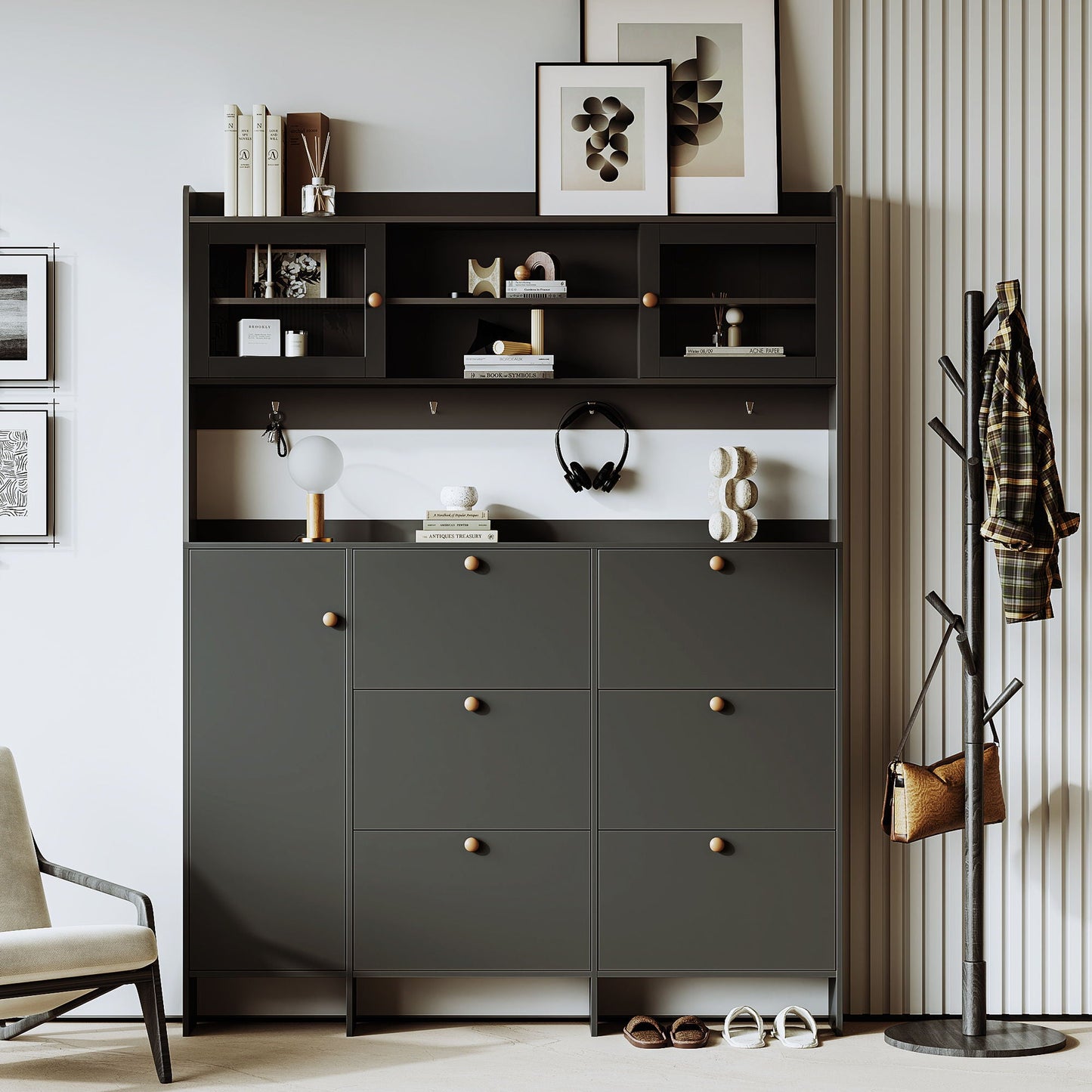 On Trend Multifunctional Tipping Bucket Shoe Cabinet With Storage Shelf & 6 Flip Drawers