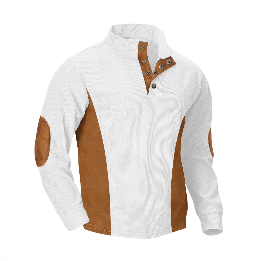 European men's casual stand up collar long sleeved corduroy sweatshirt with pit stripe