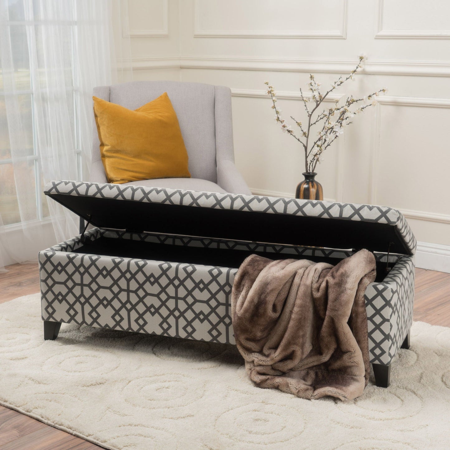 Quotient Upholstered Storage Ottoman With Tapered Block Feet - Gray / White