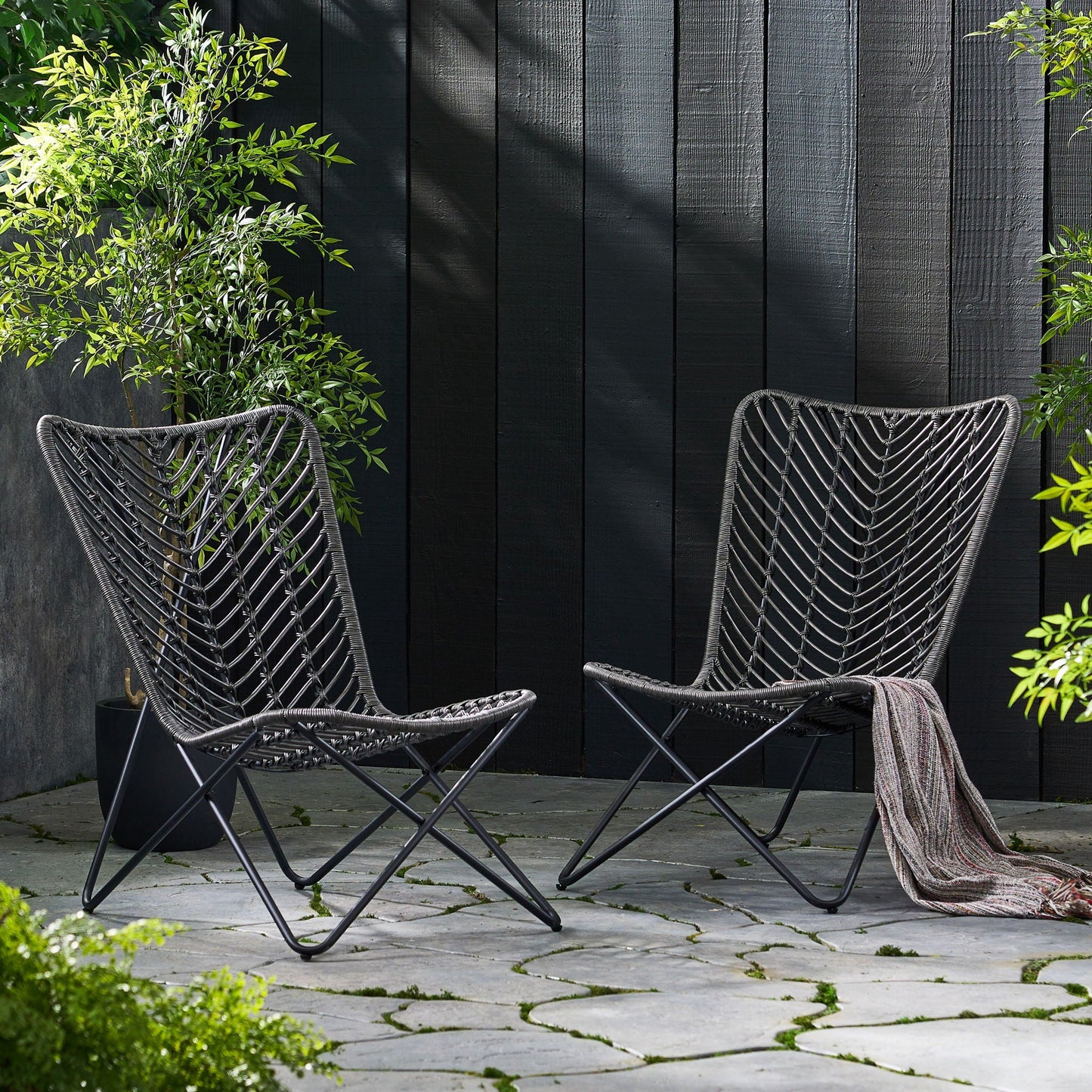 Outdoor Wicker Chair With Geometric Cross Base, Set of 2 - Gray