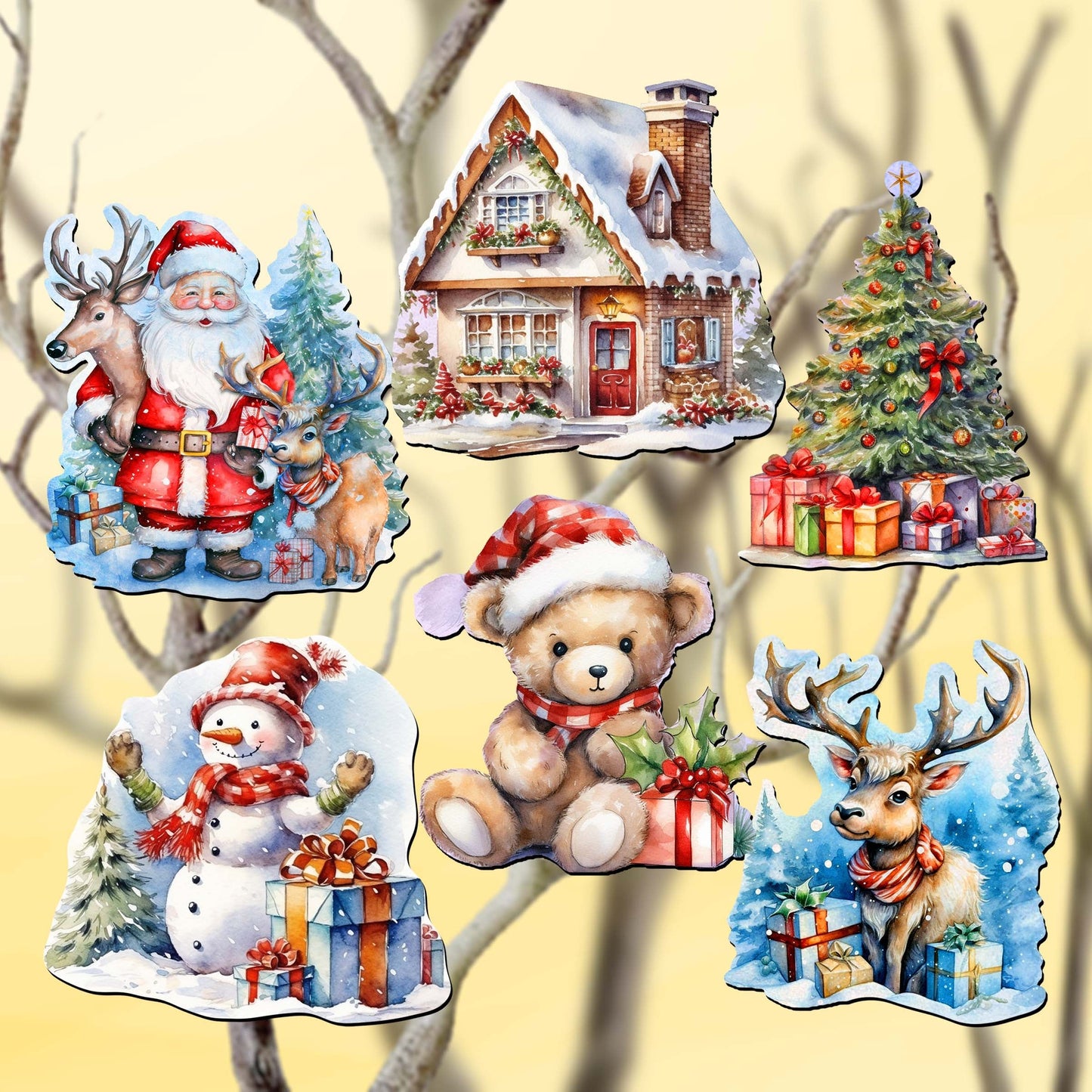Christmas Is Here Clip-On Eco Wood Decorative Ornaments Set of 6 by G. Debrekht - Christmas Decor - 8090028C-S6
