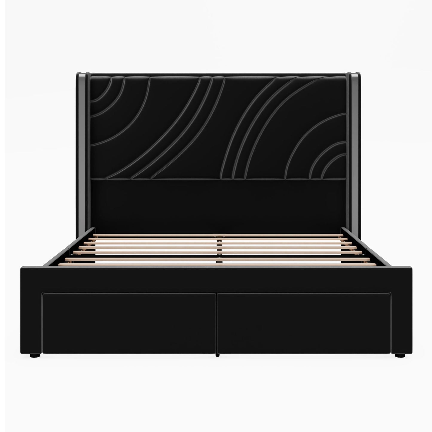Modern Upholstered LED Bed Frame With Storage Drawers, Wingback Headboard, RGB Light