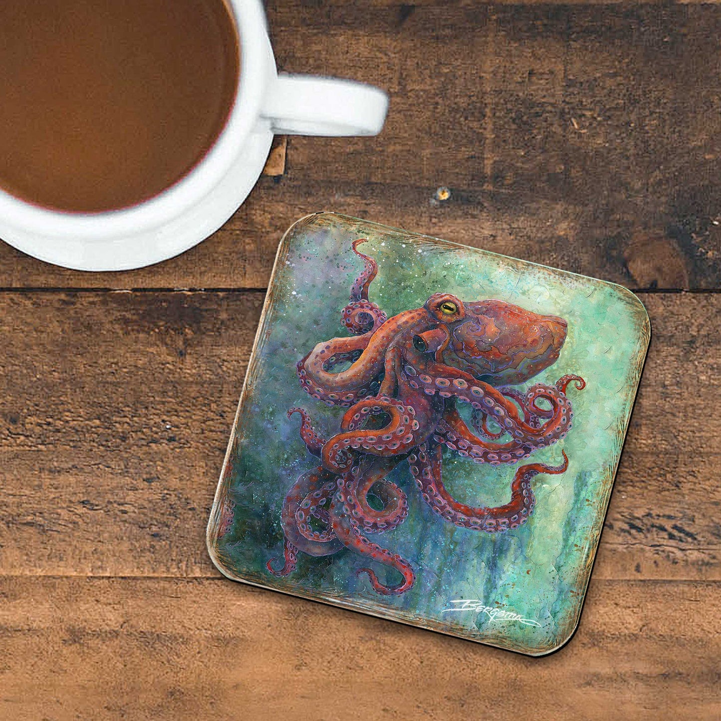 Octopus Wooden Cork Coasters Gift Set of 4 by J. Bergsma - Coastal Decor  - 8199459C-S4