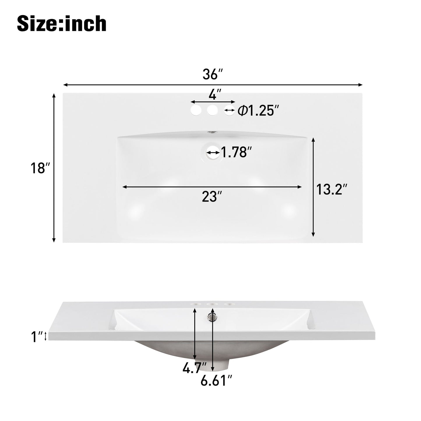 Single Bathroom Basin Sink, Vanity Top Only With 3 Faucet Holes