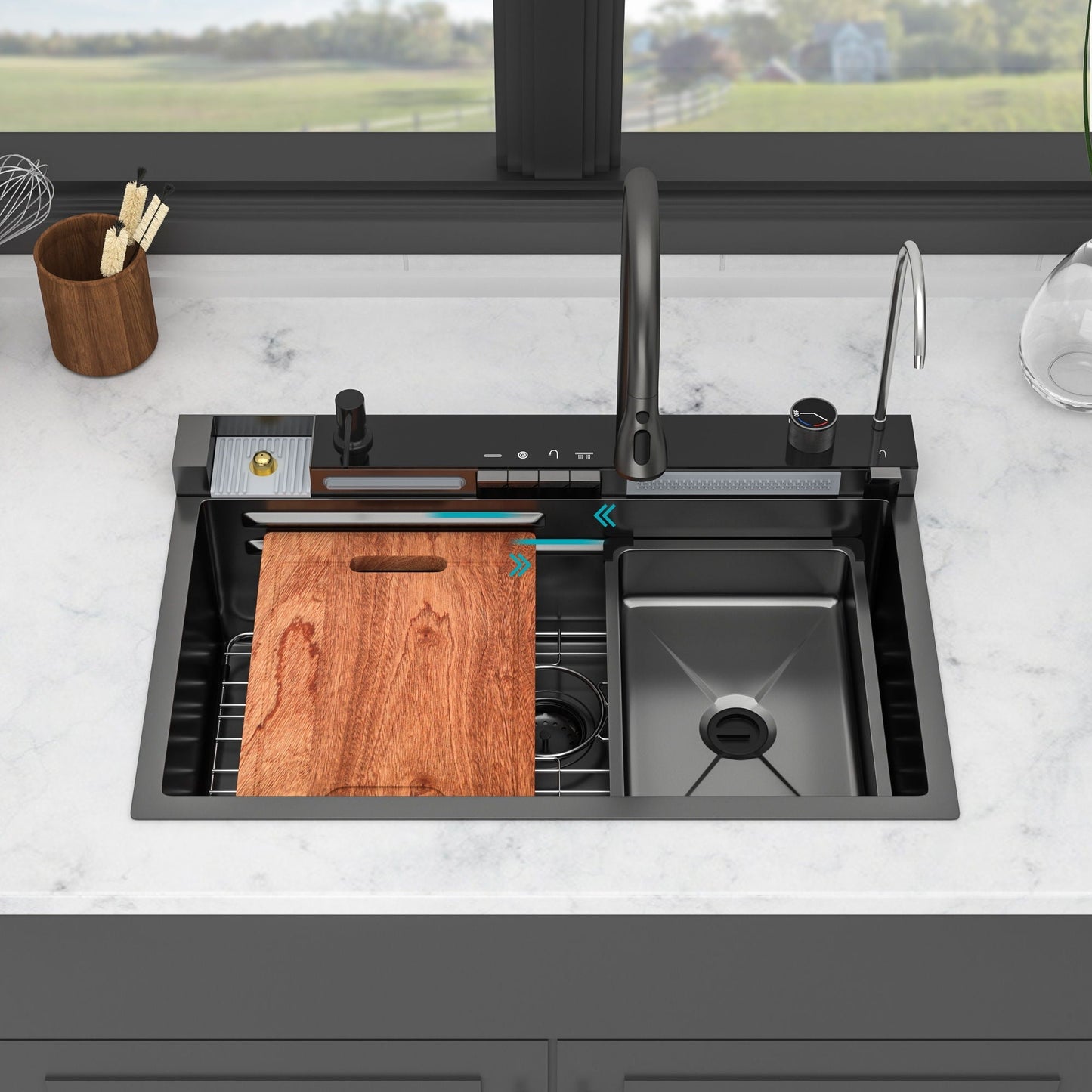 30" Whale Digital Waterfall Kitchen Sink with LED Display, 16 Gauge, Gunmetal Black