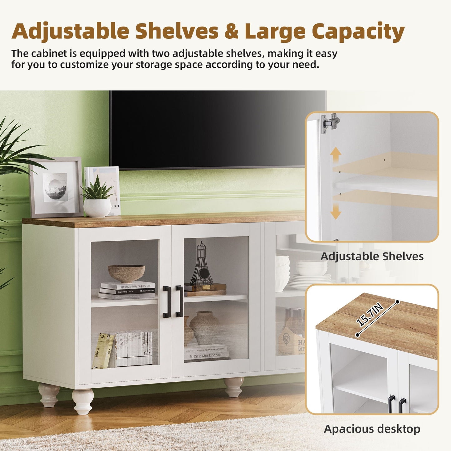 Farmhouse TV Stand With Solid Wood Gourd Shaped Legs For TVs Up To 70"