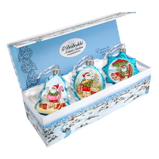 Christmas at the Beach Mercury Glass Ornaments Set of 3 by Susan Winget - Santa and Snowman Decor