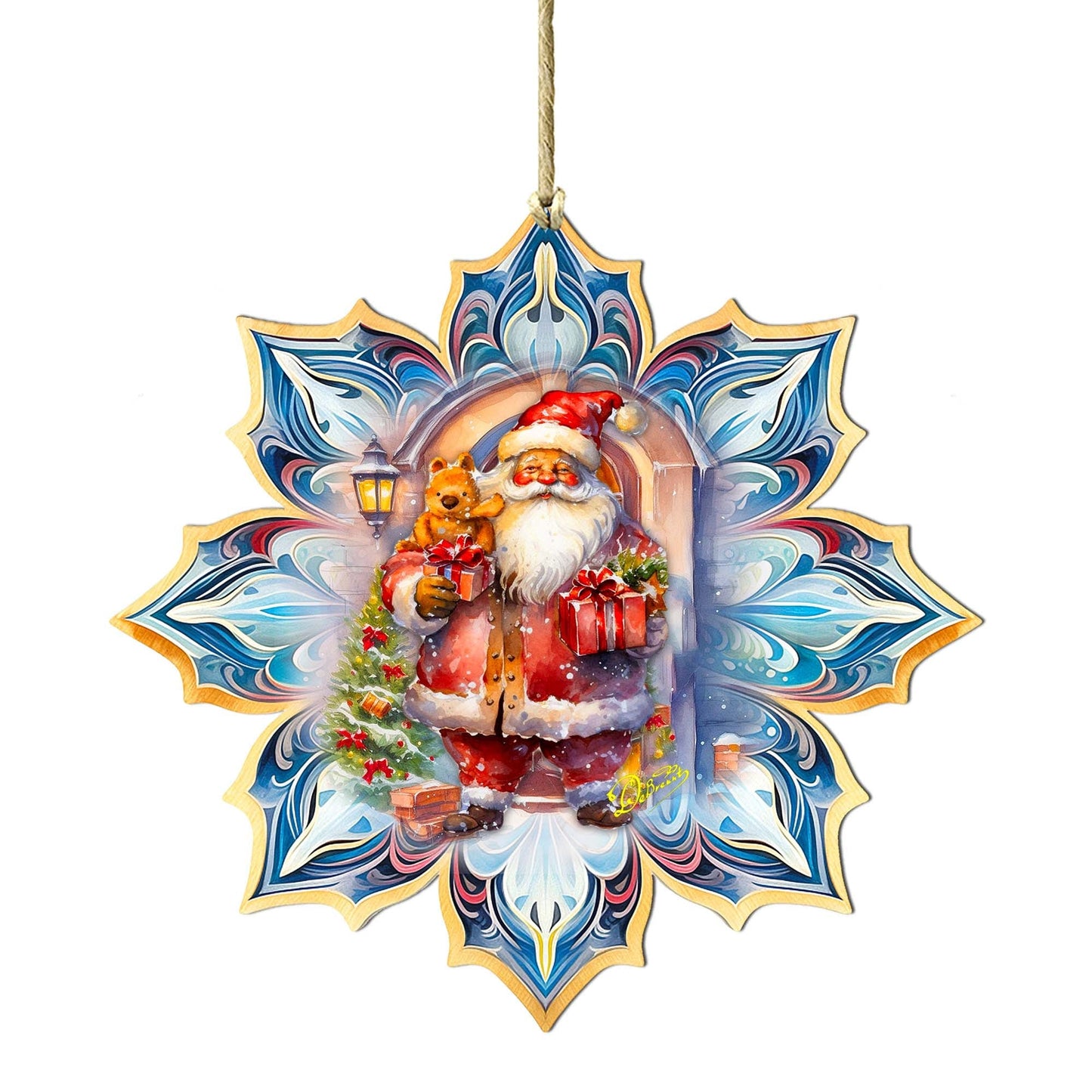 Santa with Gifts Snowflake Wooden Ornaments by G. Debrekht - Christmas Santa Snowman Decor - 8688421