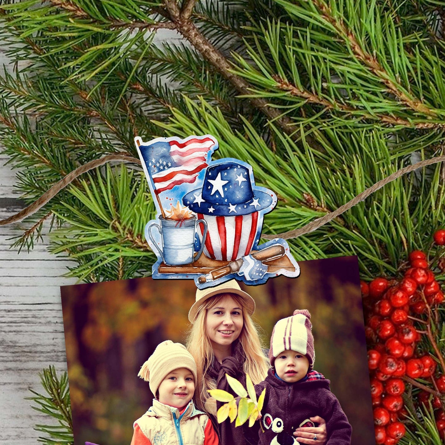 American Farmhouse Clip-On Eco Wood Decorative Ornaments Set of 6 by G. Debrekht - Patriotic Decor - 8090001C-S6