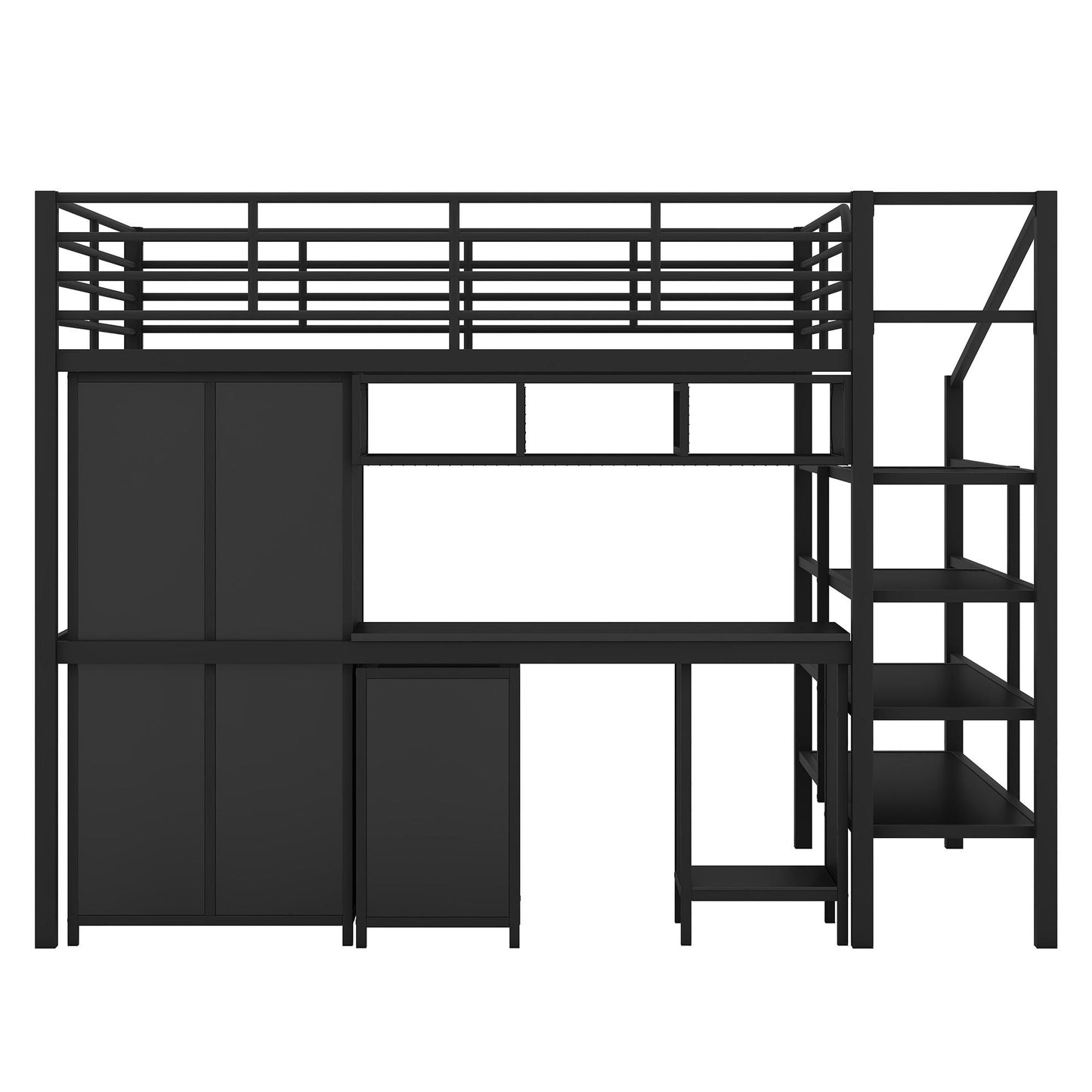 Full Size Loft Bed With Desk Set And Wardrobe - Black