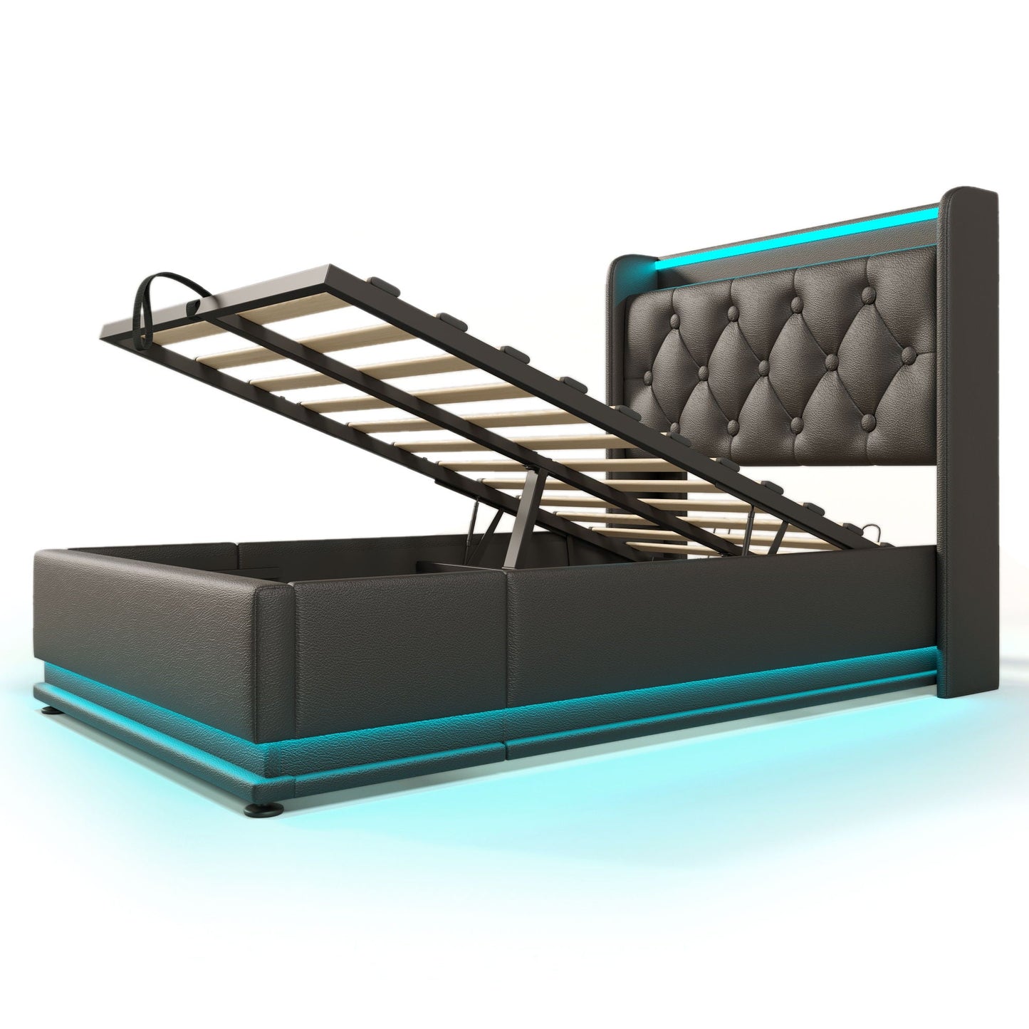 Upholstered Bed, 360 Surround LED Function, Remote Control, Hydraulic Storage Bed With USB, Type-C Charging (Without Mattress)