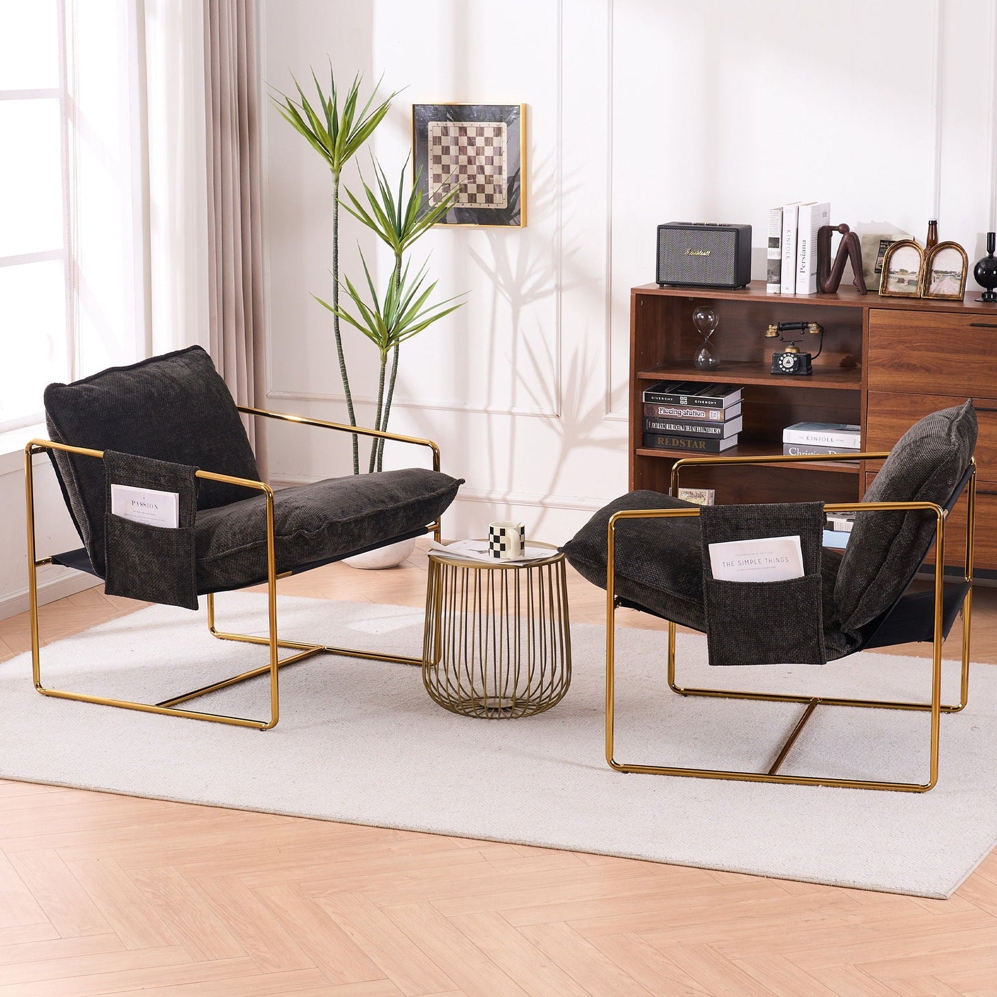 Upholstered Hanging Armchair With Arm Pocketsmetal Frame (Set of 2), Plated Craftsmanship, Crushed Foam Cushions And Skin-Friendly Woven Fabric For Living Room And Bedroom