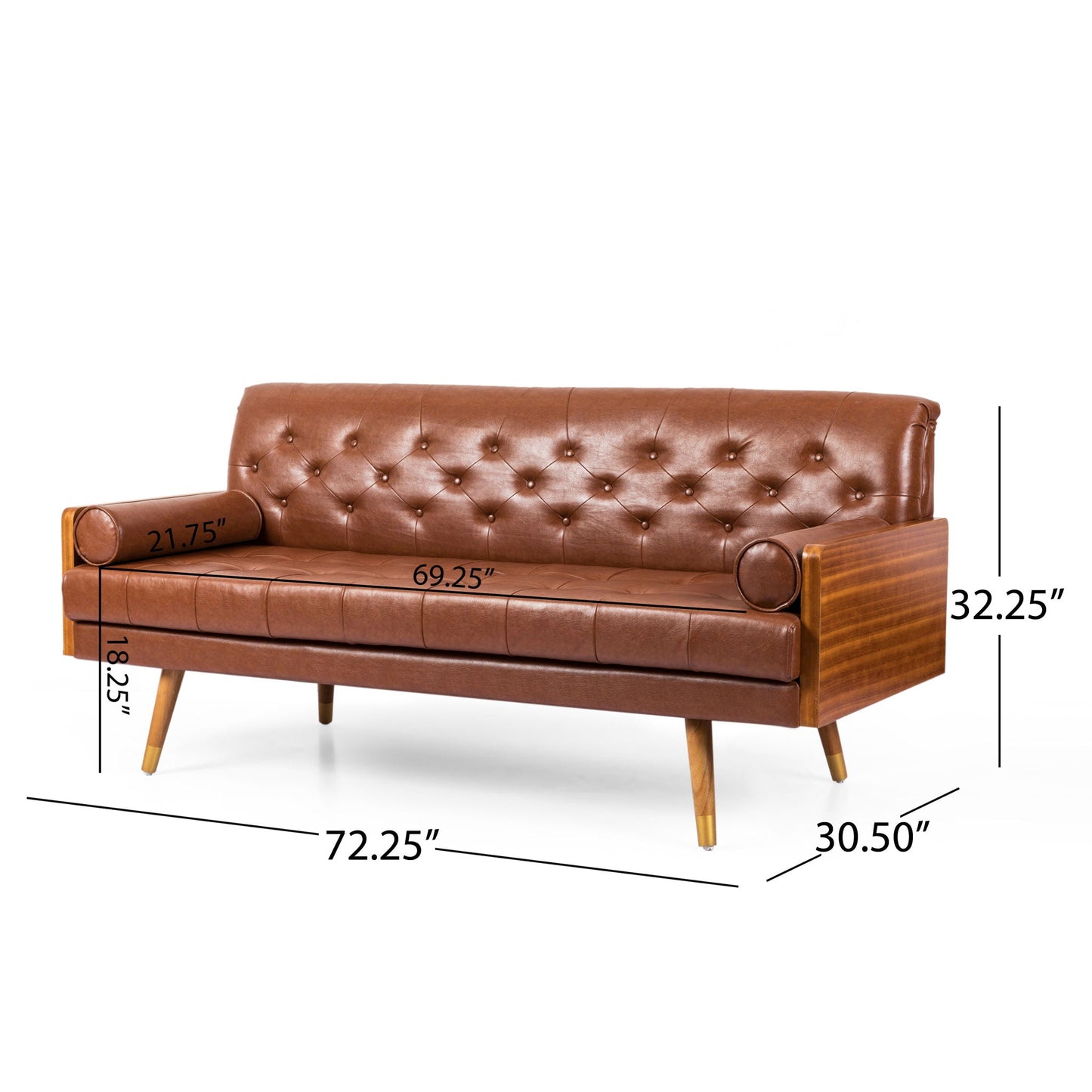Adelaide Mid Century Modern Tufted Sofa with Rolled Accent Pillows - Light Brown