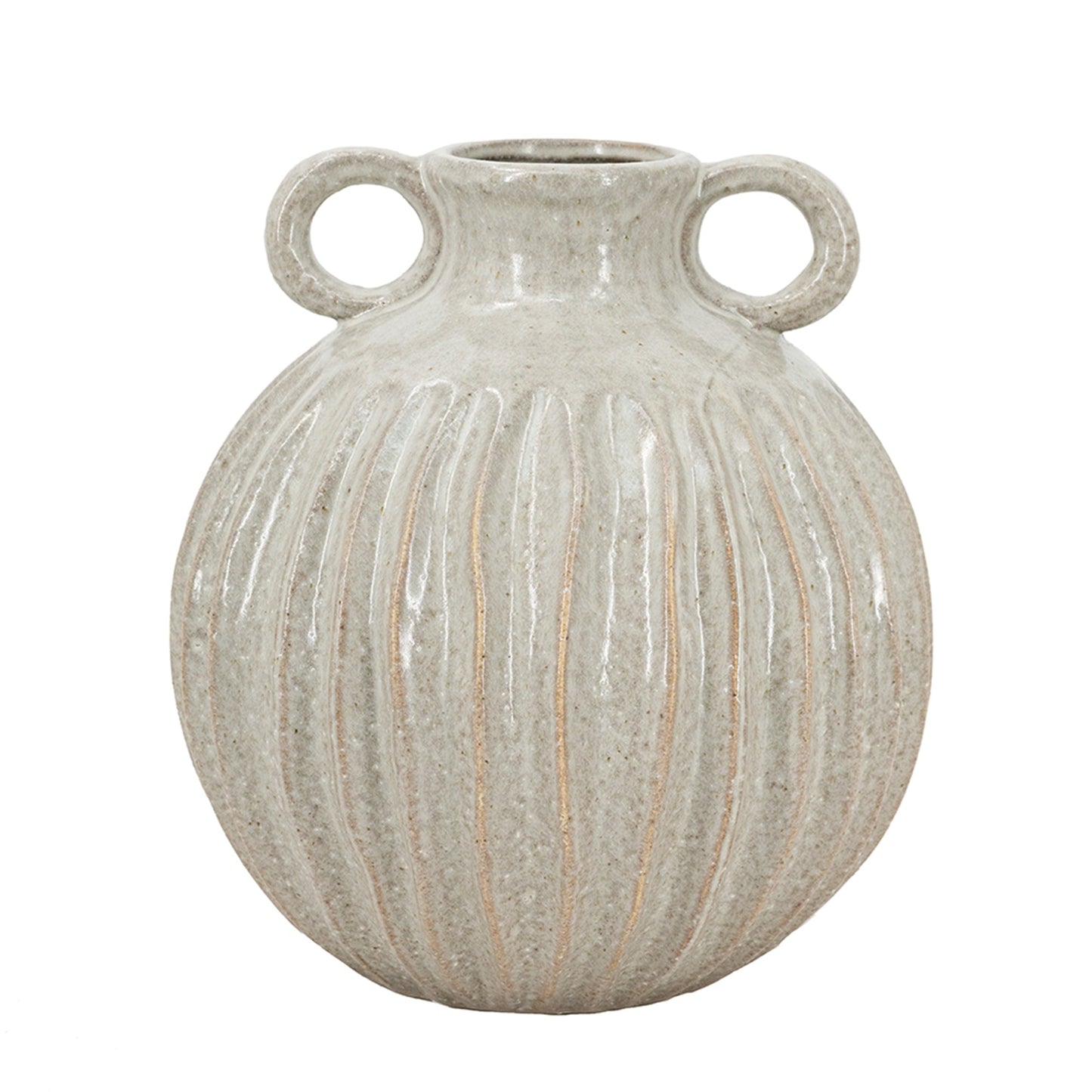 9x9x10' Decorative Round Ceramic Flower Vase with Small Handles and Textured Motif, Gold