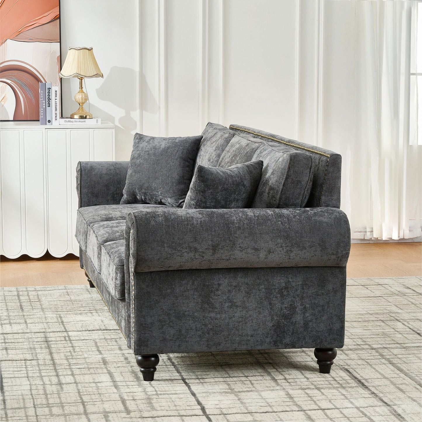 3 Seater Sofa With Tufted Upholstery, Rolled Arms, Nailhead Trim