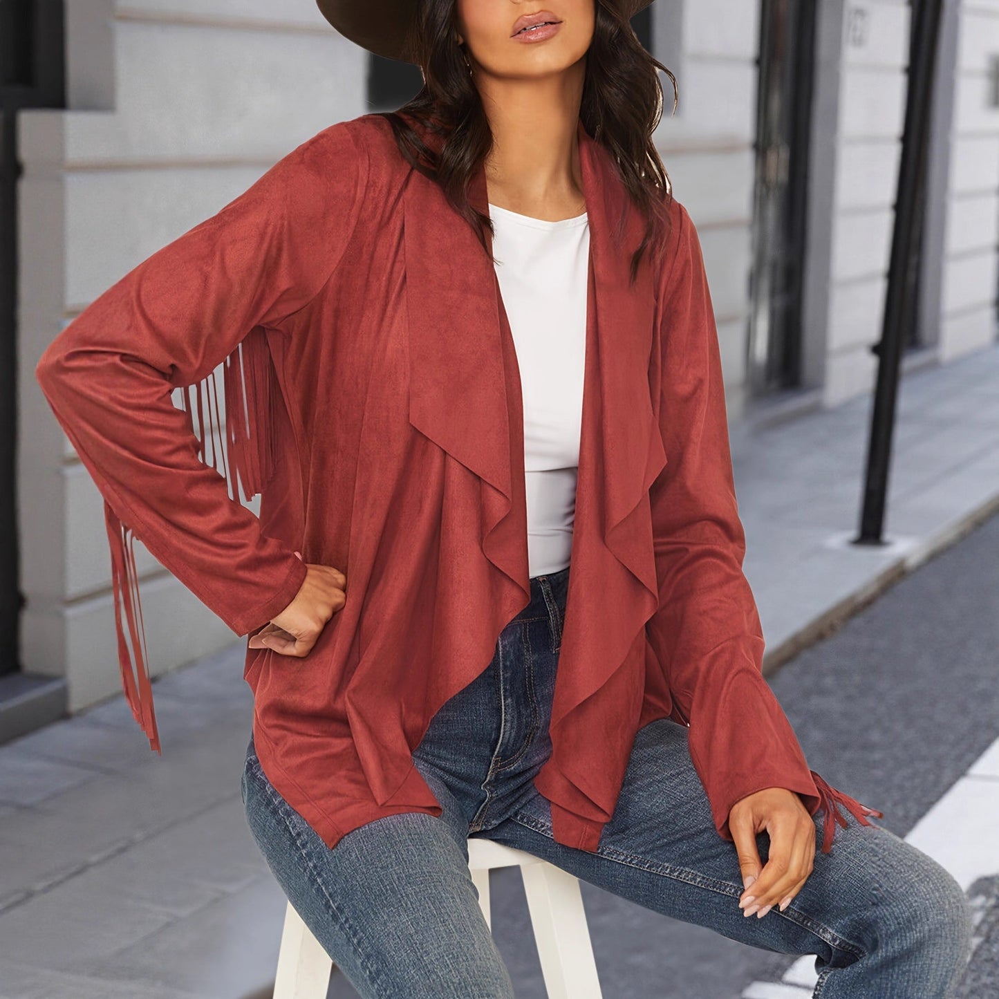 Women's Loose Long Sleeved Tassel V-neck Temperament Concert Cardigan Top Jacket