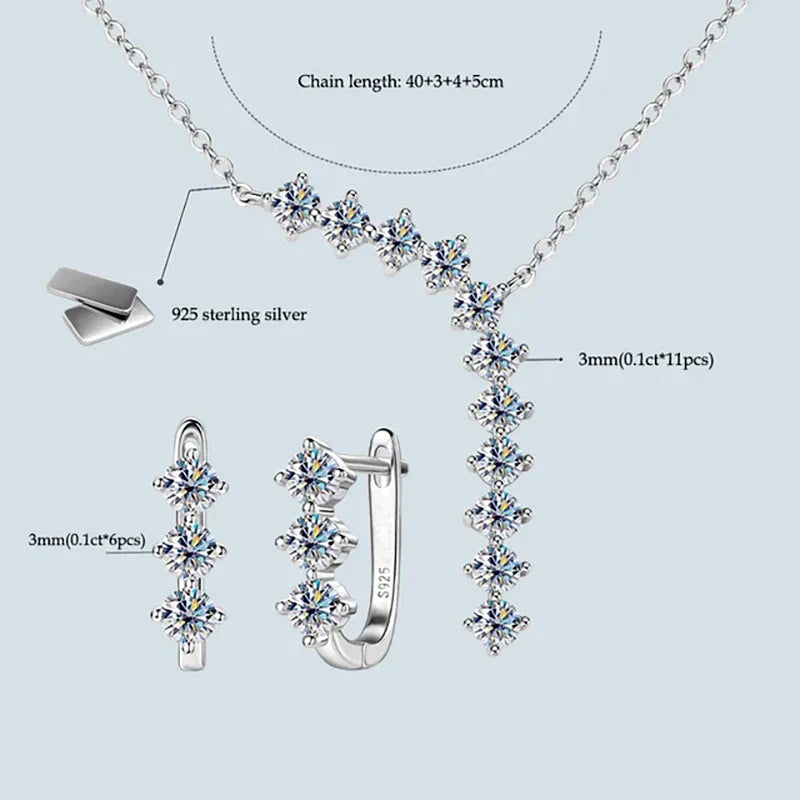 1.7ct Moissanite Necklace And Earrings Set 925 Sterling Silver Y Pendant D
