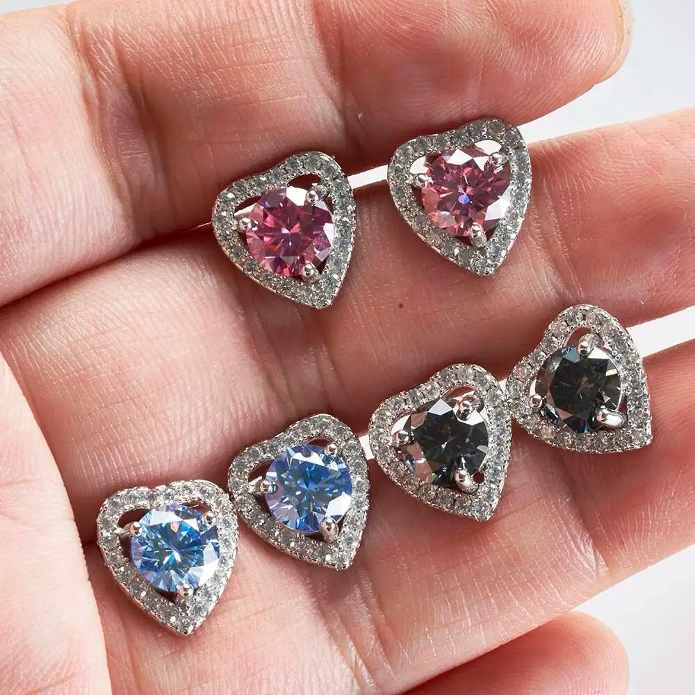 1 Ct 6.5mm Pink Moissanite Heart Stud Earrings 925 Sterling Silver