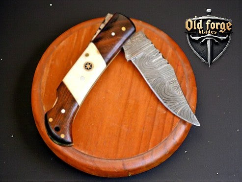 Damascus Pocket Knife – Custom Handmade 3” Back Lock Folding Knife with Sandalwood & Bone Handle