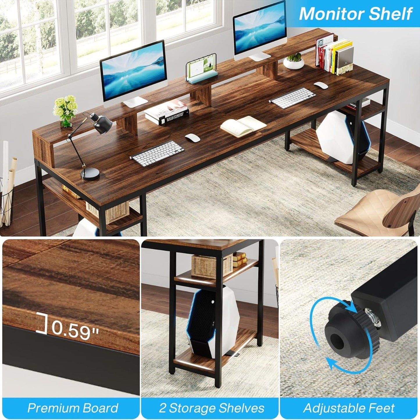 2 Person Desk With Monitor Stand, Long Office Workstation With Dual Storage Shelves And Frame - Brown / Black