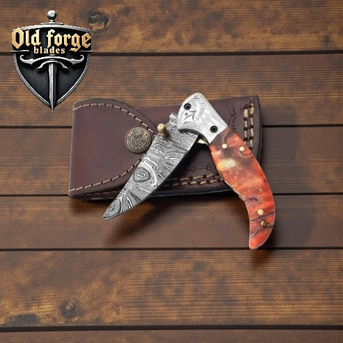 Damascus Pocket Knife – 3 Inch Liner Lock with Epoxy Resin Handle & Engraved Steel Bolster