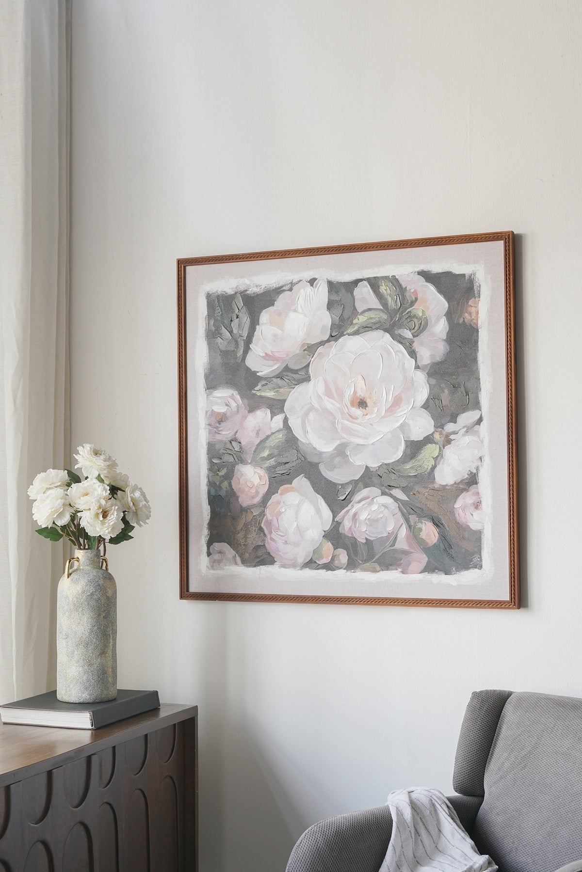 39.4x39.4 Hand-Painted White Rose Canvas Art with Brown Pine Wood Frame