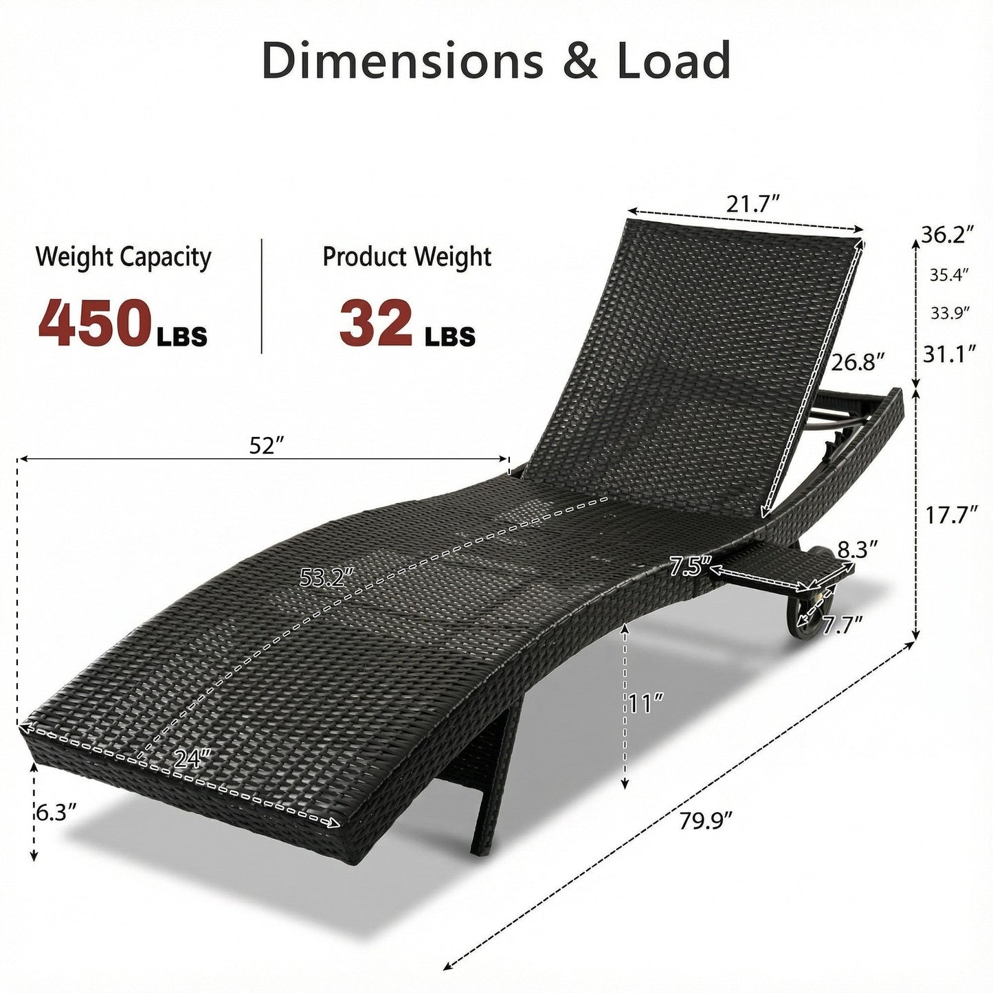 K&K 80'' Patio Wicker Chaise Lounge Chairs Set of 2