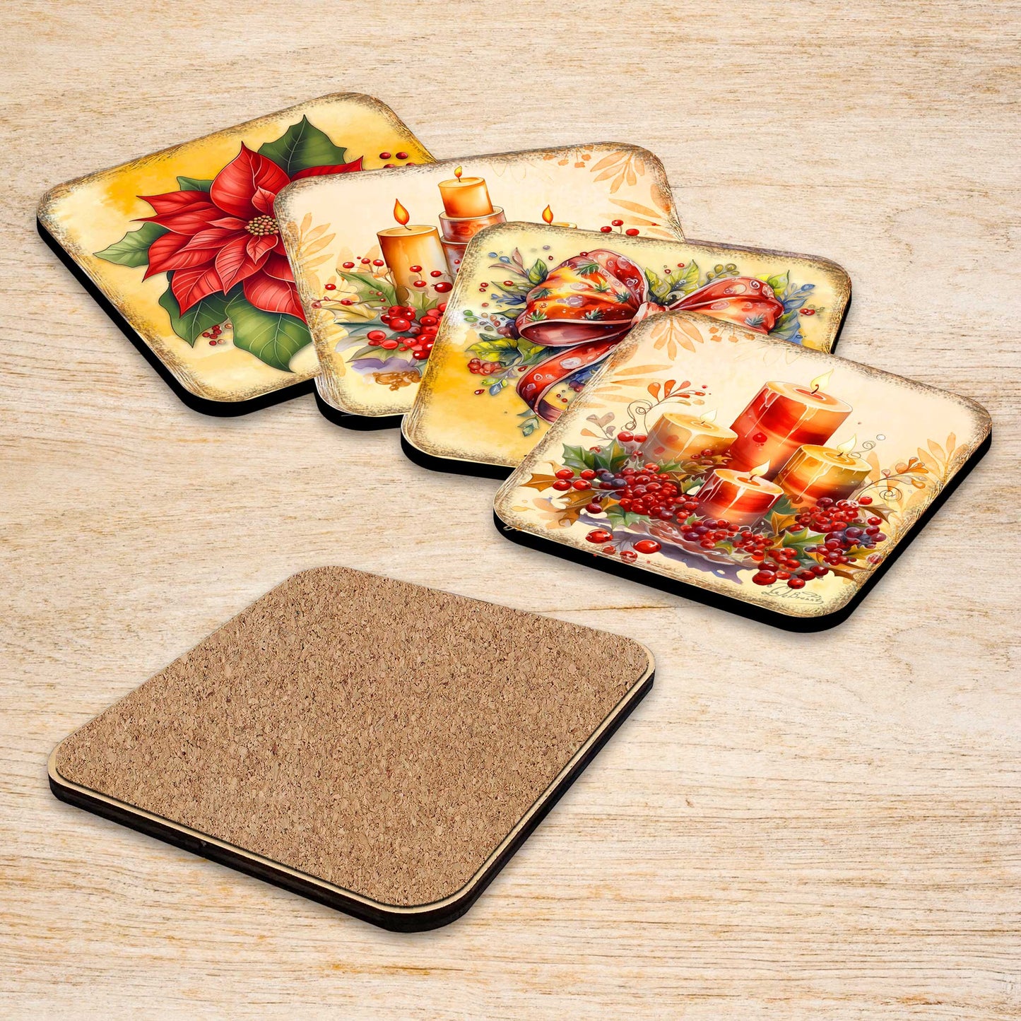 Merry Christmas Wooden Cork Coasters Gift Set of 4 by G. Debrekht - Santa Christmas Decor  - 8199449C-S4