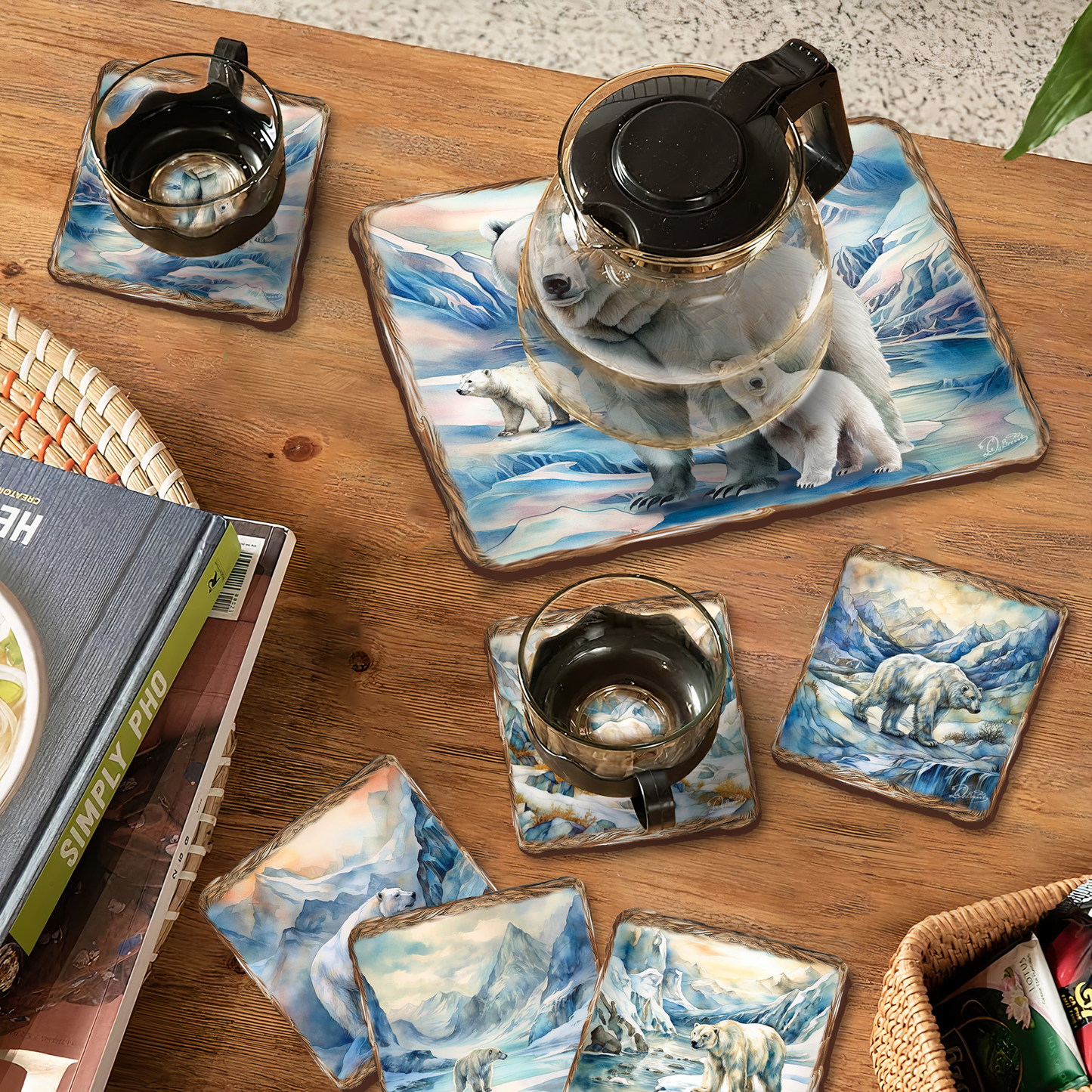 Polar Bear Wooden Cork Placemat and Coasters Gift Set of 7 by Nature Wonders Nature Wildlife Decor  - 85404C-S7