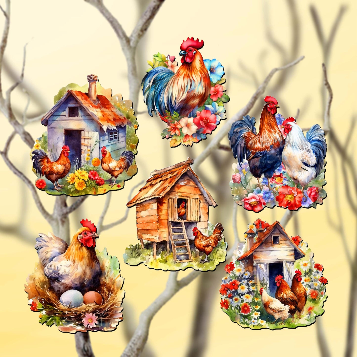 Spring on the Farm Clip-On Eco Wood Decorative Ornaments Set of 6 by G. Debrekht - Easter Decor - 8090056C-S6