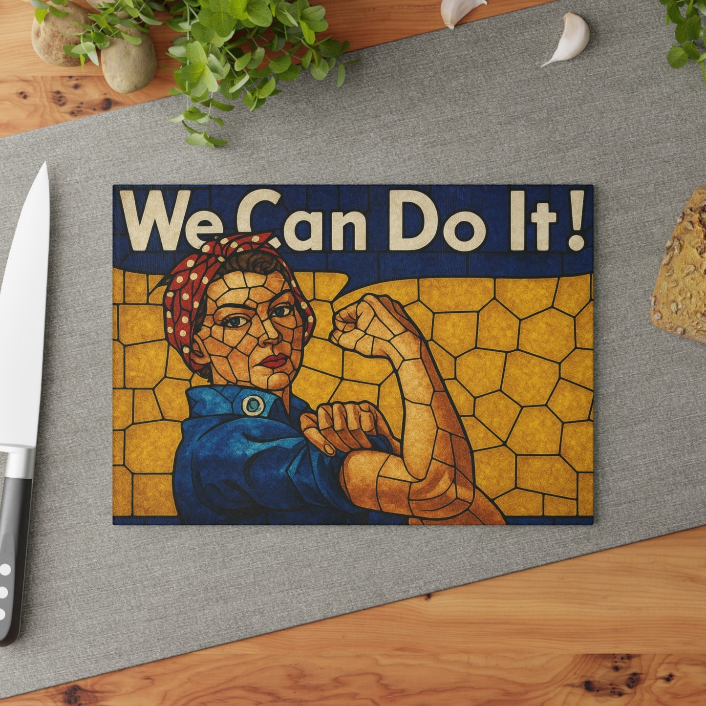 Stained Glass Rosie the Riveter Glass Cutting Board - Premium Patriotic Kitchen Decor