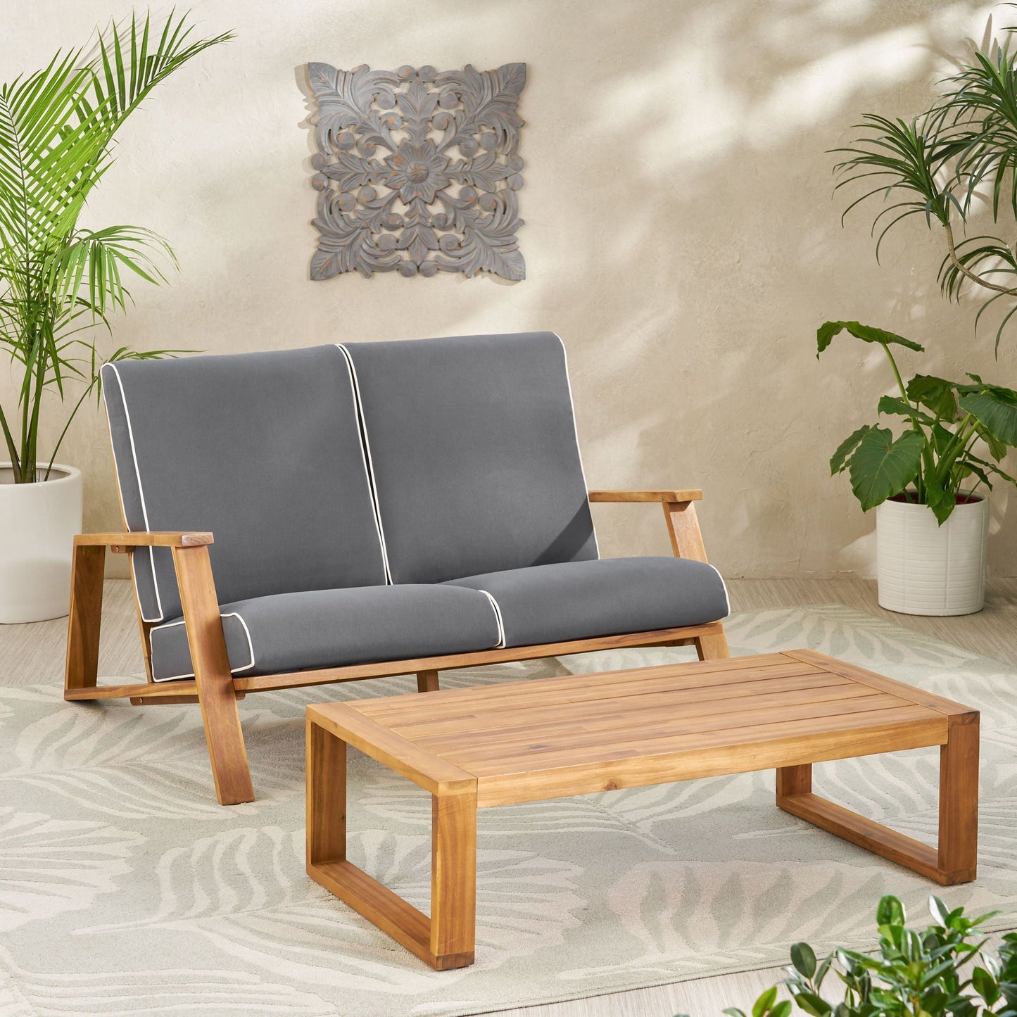 Paloma Contemporary Loveseat and Coffee Table Set with Weather Resistant Cushions