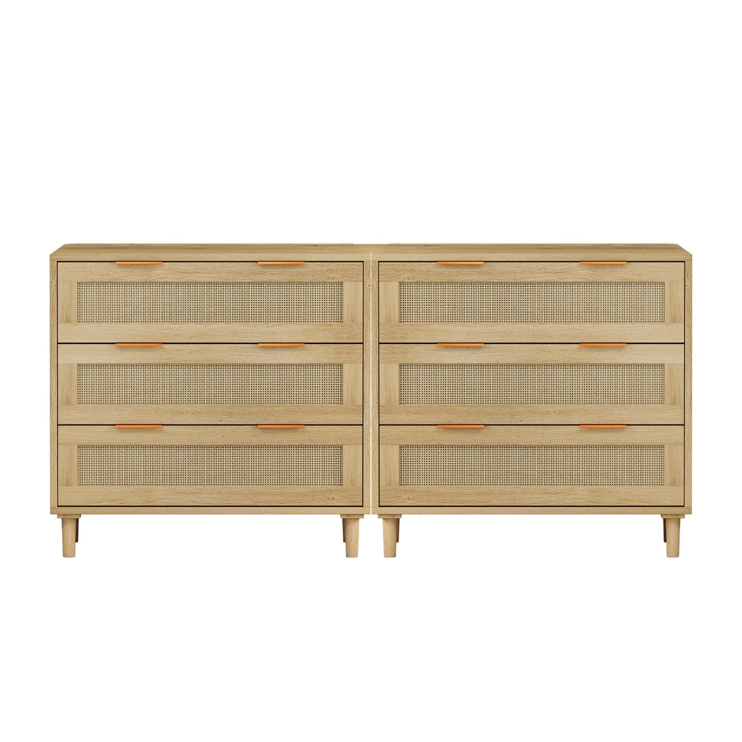 3 Drawers Rattan Storage Cabinet Rattan Drawer, For Bedroom, Living Room, Dining Room, Hallways (Set of 2) - Oak